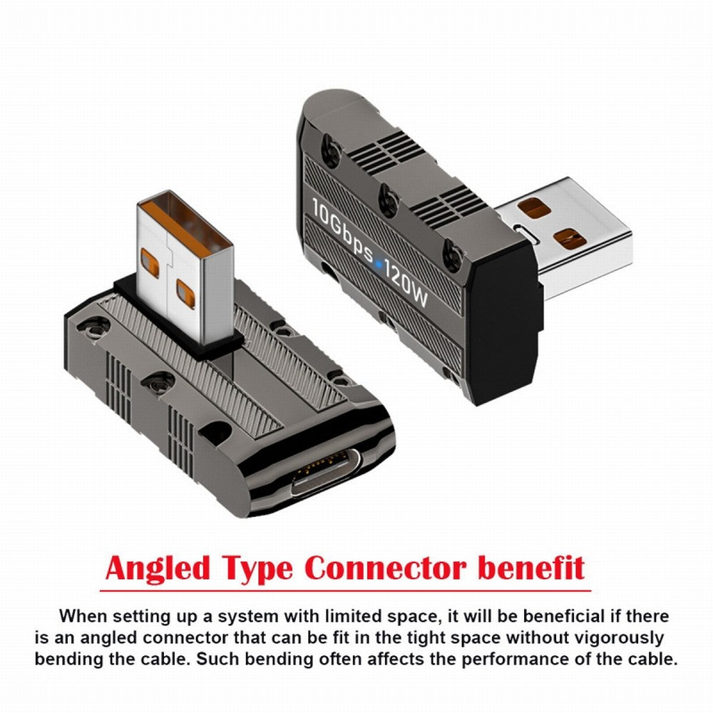 Chenyang USB-C USB 3.1 Type C Female to USB 3.0 Type-A Male 90 Degree Left Angled Low Profile Type 10Gbps Data 120W Power Adapter Mecha Cyberpunk Style UC-029-TC006