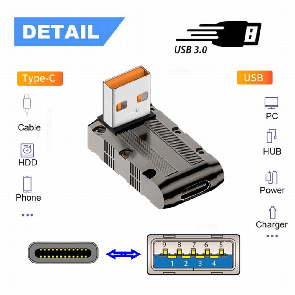 Chenyang USB-C USB 3.1 Type C Female to USB 3.0 Type-A Male 90 Degree Up Angled Low Profile Type 10Gbps Data 120W Power Adapter Mecha Cyberpunk Style UC-029-TC008