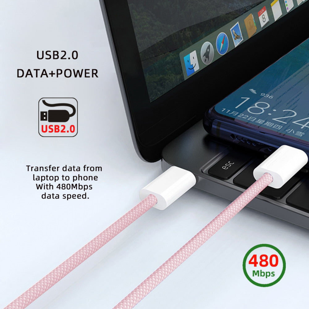 Chenyang USB-C Type C Male to Male PD 27W 65W Power 480Mbps Data Cable Pink Sleeve for Phone & Tablet & Laptop UC-072-PL