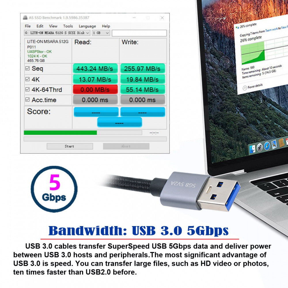 Chenyang USB 3.0 Type-A Male to Micro 3.0 B Male Cable Silver 5Gbps for Disk SSD Camera Data 30cm U3-075-MM