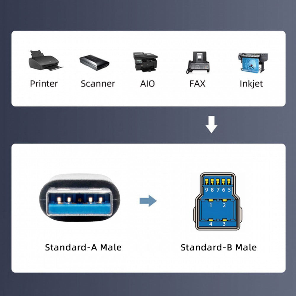 Chenyang USB 3.0 Type-A Male to Standard 3.0 B Male Cable Silver 5Gbps for Disk SSD Camera Data 30cm U3-075-BM