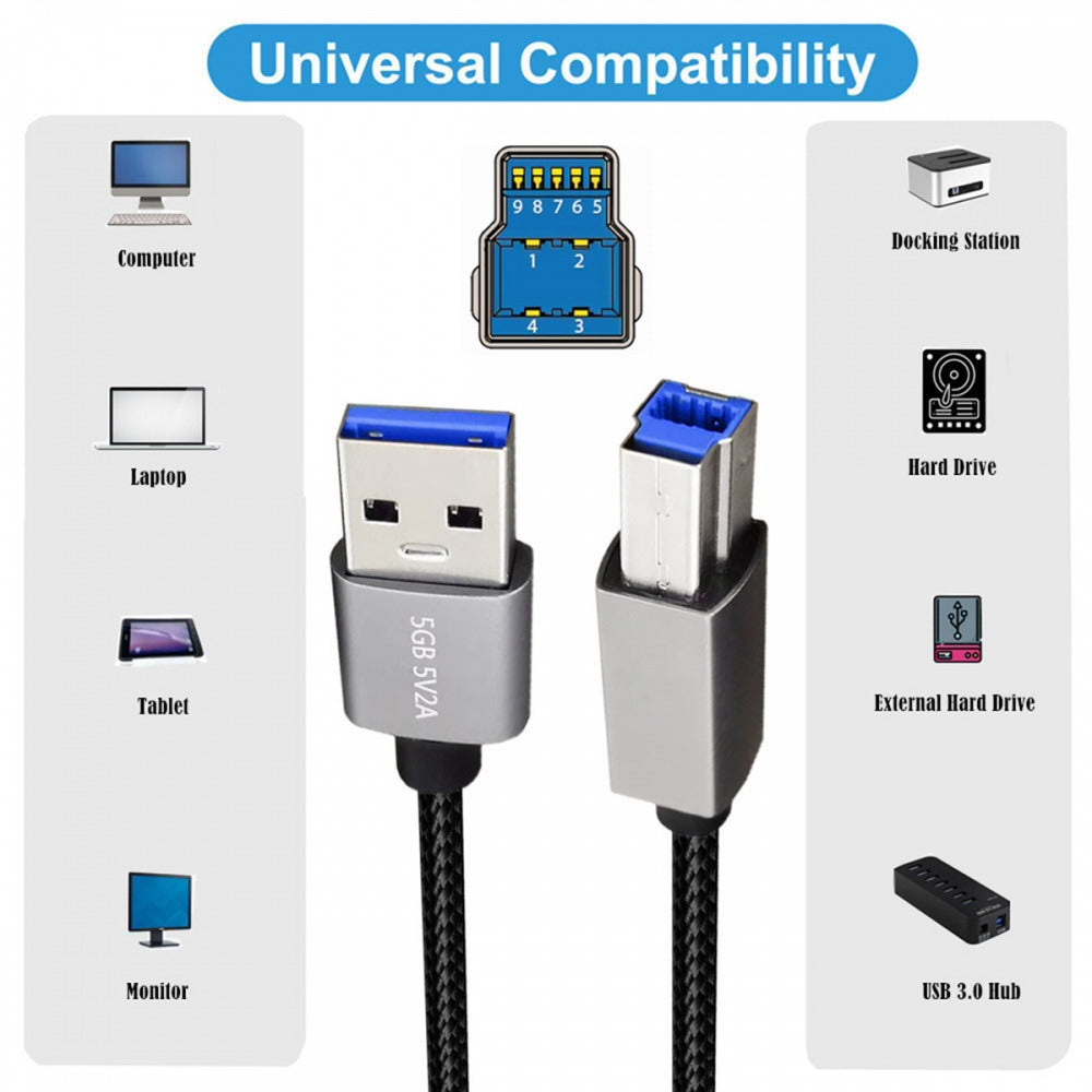 Chenyang USB 3.0 Type-A Male to Standard 3.0 B Male Cable Silver 5Gbps for Disk SSD Camera Data 30cm U3-075-BM