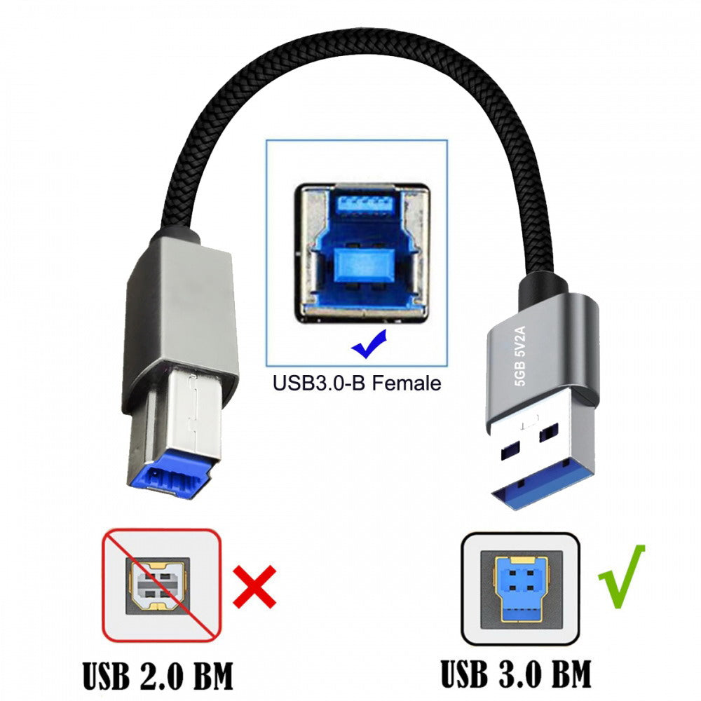 Chenyang USB 3.0 Type-A Male to Standard 3.0 B Male Cable Silver 5Gbps for Disk SSD Camera Data 30cm U3-075-BM