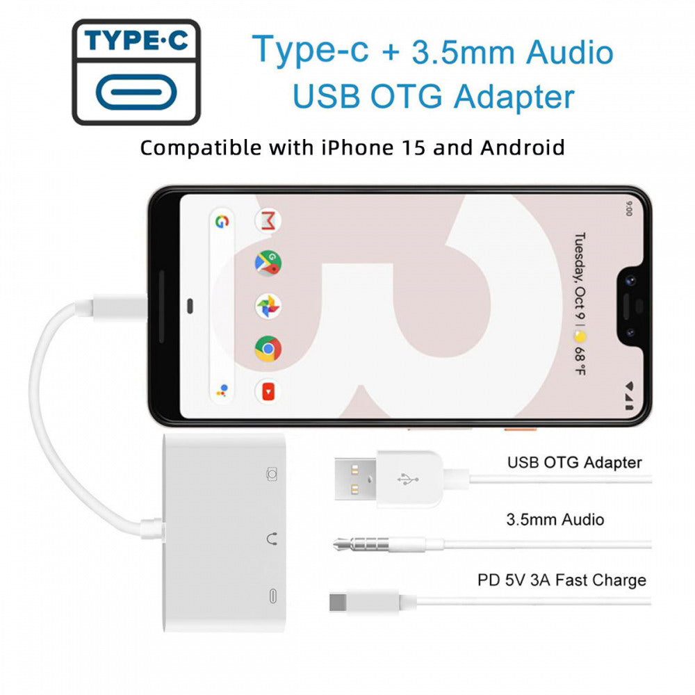 Chenyang Type C USB-C to 3.5mm Audio AUX & Type-A USB2.0 OTG Female with PD Power Charge Adapter Compatible with Laptop Tablet Phone UC-155-TC004