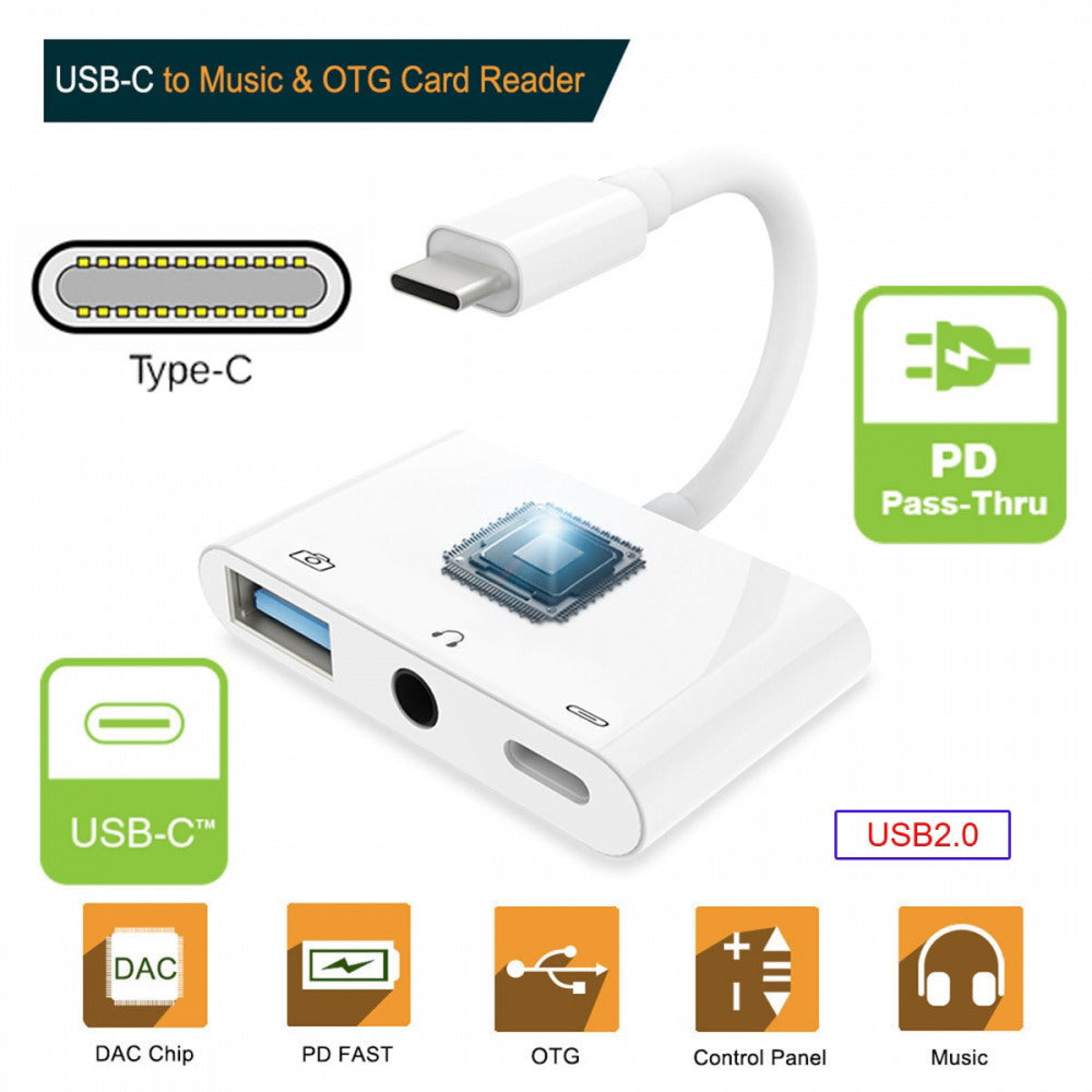 Chenyang Type C USB-C to 3.5mm Audio AUX & Type-A USB2.0 OTG Female with PD Power Charge Adapter Compatible with Laptop Tablet Phone UC-155-TC004