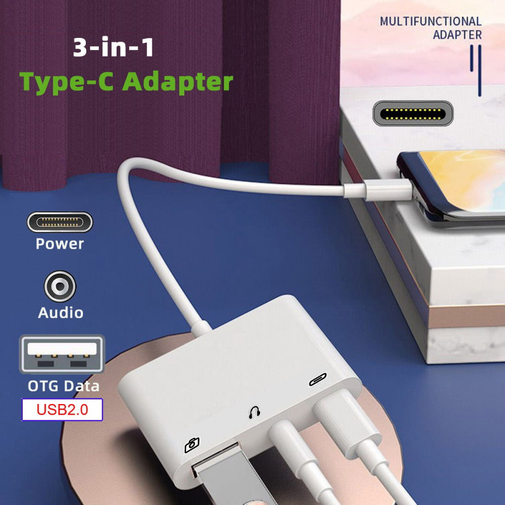 Chenyang Type C USB-C to 3.5mm Audio AUX & Type-A USB2.0 OTG Female with PD Power Charge Adapter Compatible with Laptop Tablet Phone UC-155-TC004