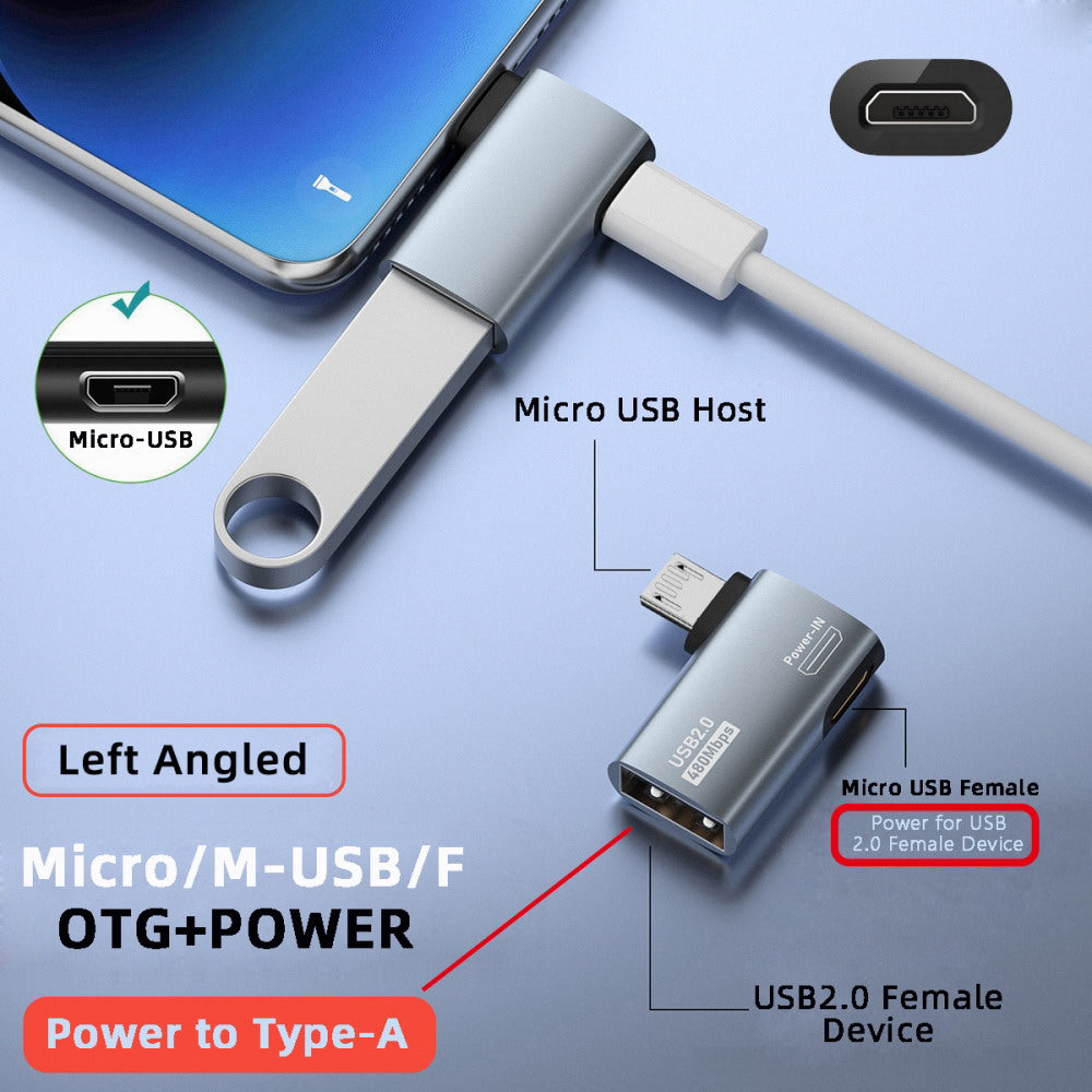 Chenyang Micro USB 2.0 to Type-A Female OTG Host Adapter 90 Degree Left Angled with USB Power for Phone Tablet U2-009-LE