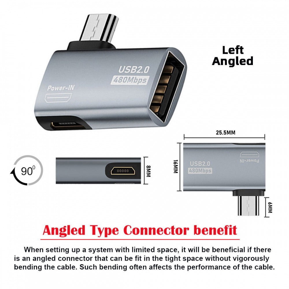 Chenyang Micro USB 2.0 to Type-A Female OTG Host Adapter 90 Degree Left Angled with USB Power for Phone Tablet U2-009-LE