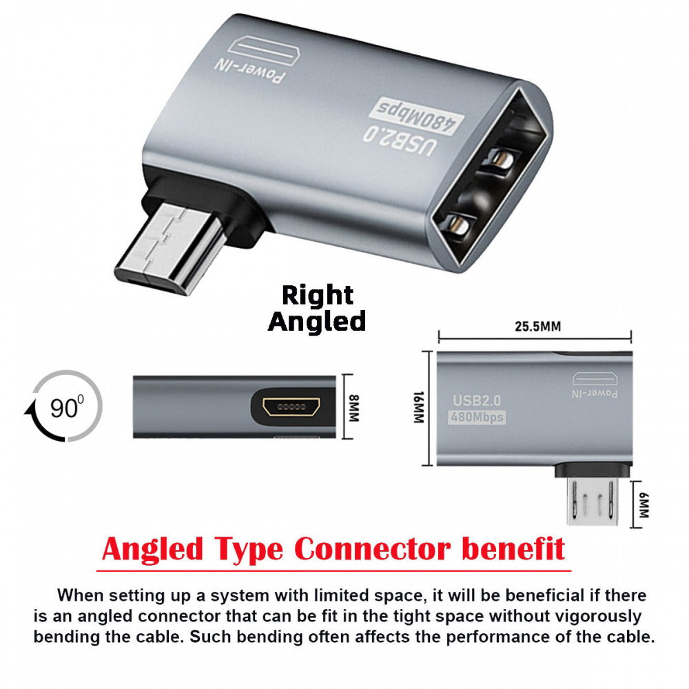 Chenyang Micro USB 2.0 to Type-A Female OTG Host Adapter 90 Degree Right Angled with USB Power for Phone Tablet U2-009-RI