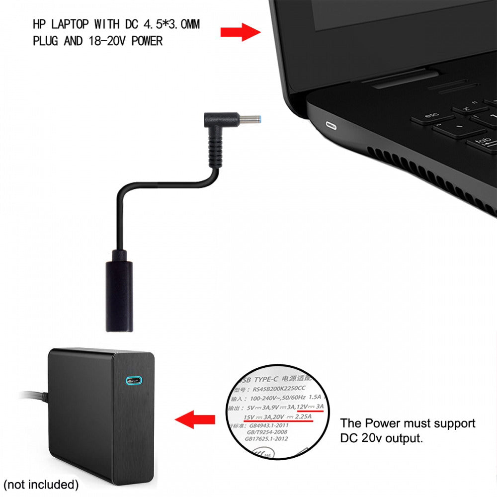 Chenyang Type C USB-C Female Input to DC 4.5*3.0mm Power PD Charge Cable fit for HP Laptop 18-20V UC-109-4530HP