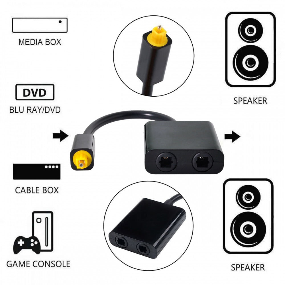 Chenyang Dual Port Toslink Digital Optical Audio Splitter Adapter Fiber Optic Audio Cable 1 In 2 Out Black CA-014