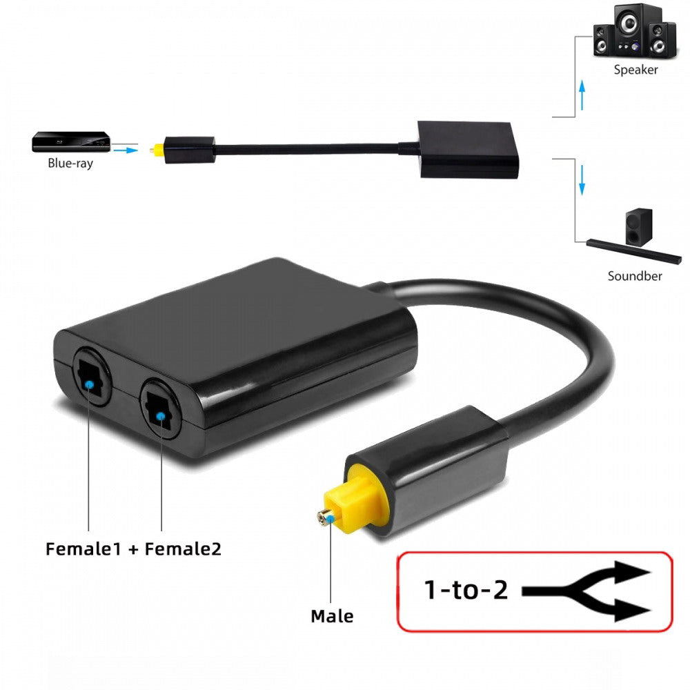 Chenyang Dual Port Toslink Digital Optical Audio Splitter Adapter Fiber Optic Audio Cable 1 In 2 Out Black CA-014