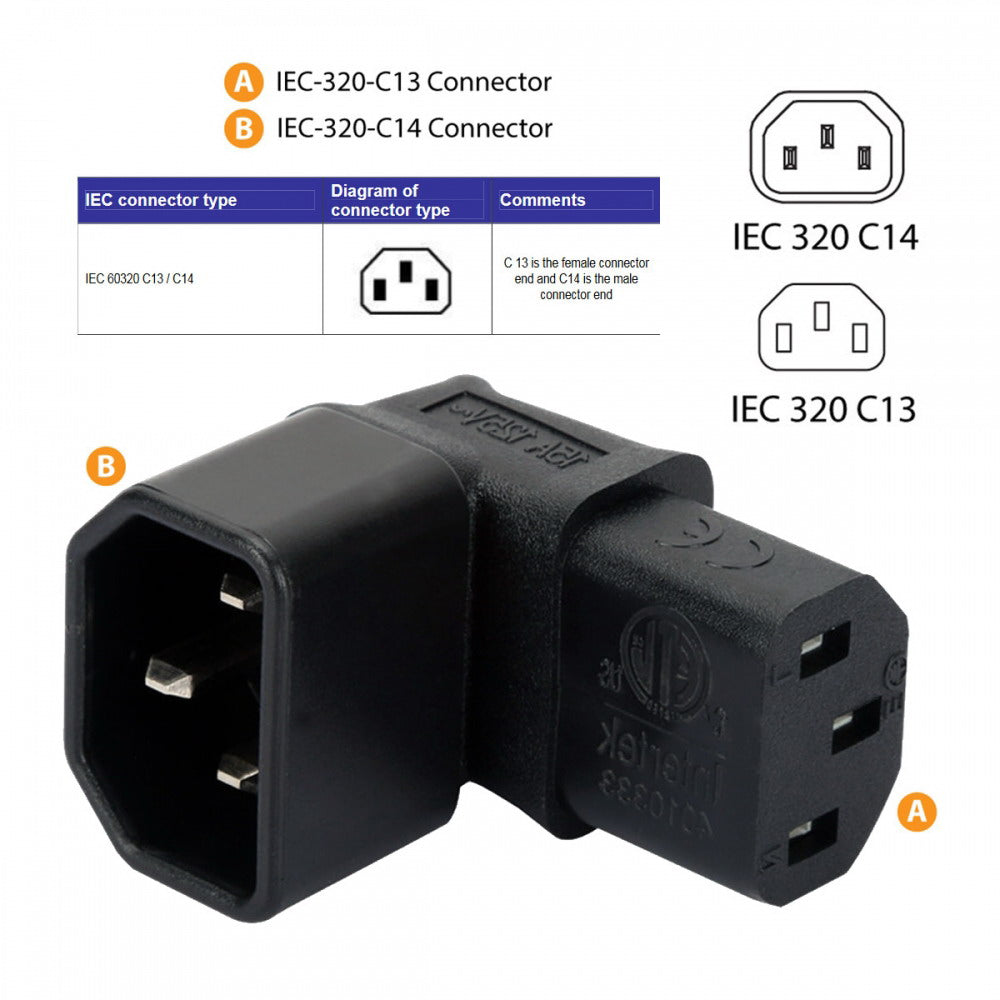 Chenyang IEC Male C14 to Up Direction Right Angled 90 Degree IEC Female C13 Power Extension Adapter AC Convertor PW-031-UP