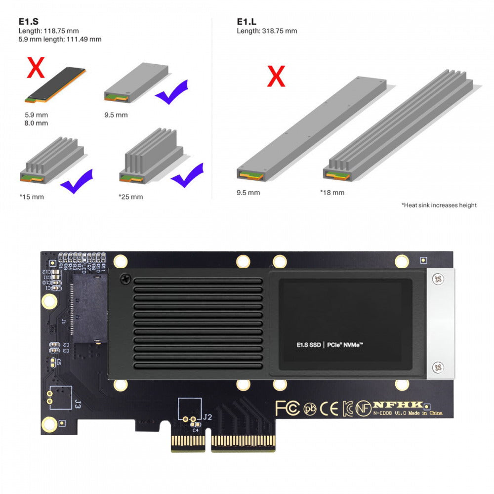 Chenyang PCI-E 4.0 4X Host Adapter to NVMe Ruler 1U GEN-Z EDSFF 9.5mm 15mm 25mm Thickness Short SSD E1.S with Heat Sink PM9A3 PM9D3 P5801X Carrier Adapter SF-036-PM