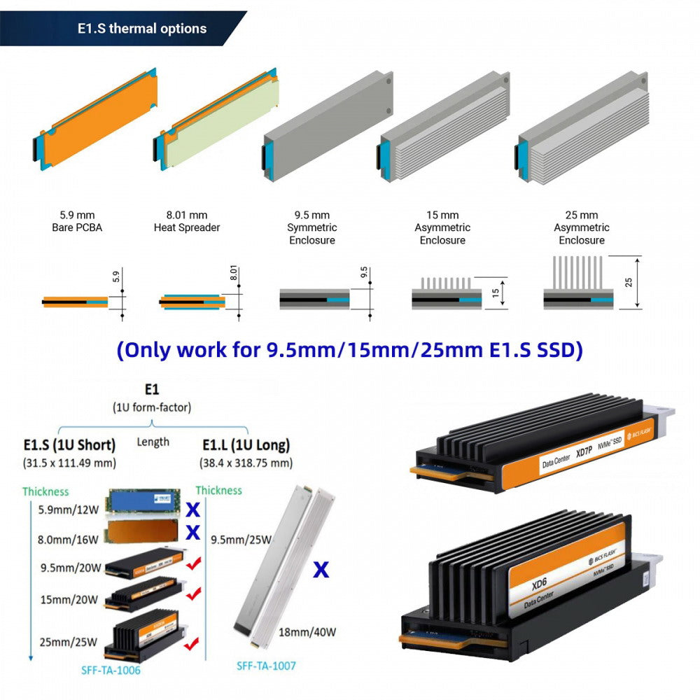 Chenyang PCI-E 4.0 4X Host Adapter to NVMe Ruler 1U GEN-Z EDSFF 9.5mm 15mm 25mm Thickness Short SSD E1.S with Heat Sink PM9A3 PM9D3 P5801X Carrier Adapter SF-036-PM