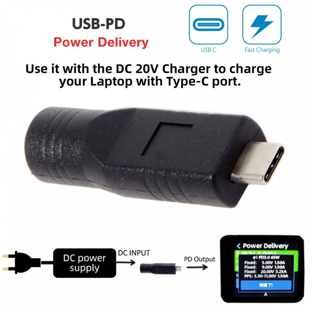 Chenyang DC Jack 5.5*2.1mm Input to USB-C Type-C Power Plug Charge Adapter for Laptop Phone UC-211-BK-5521MM