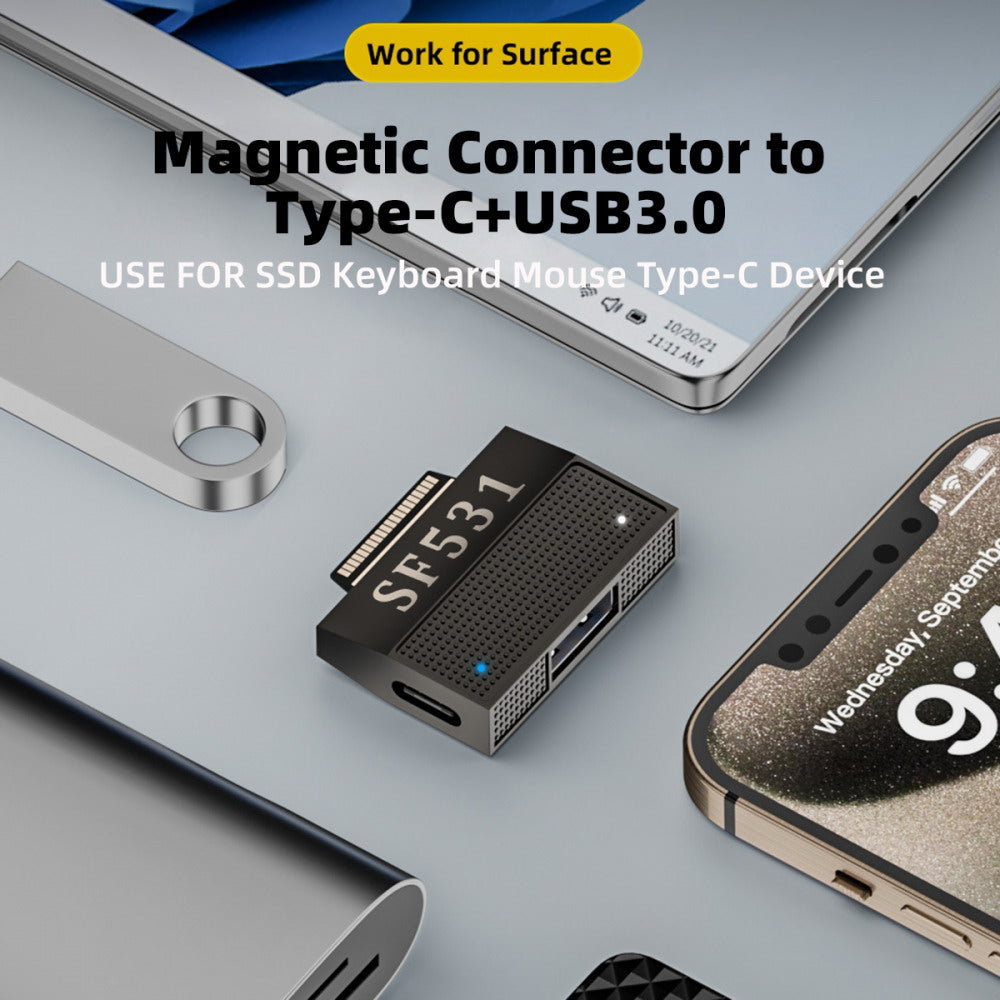 Chenyang Magnetic to USB3.1 Type-A & 15V Type-C USB-C Data Charge Adapter SF531 for Surface Pro9 Pro8 Pro7 Pro6 Pro X Go Book UC-156-SF531