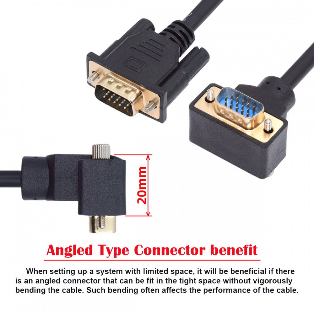 Chenyang 90 Degree Up Angled VGA RGB Male to Straight Male Extension Cable 3COAX+6C for Monitor Projector Computer DB-007-UP