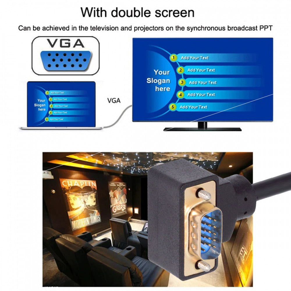 Chenyang 90 Degree Up Angled VGA RGB Male to Straight Male Extension Cable 3COAX+6C for Monitor Projector Computer DB-007-UP