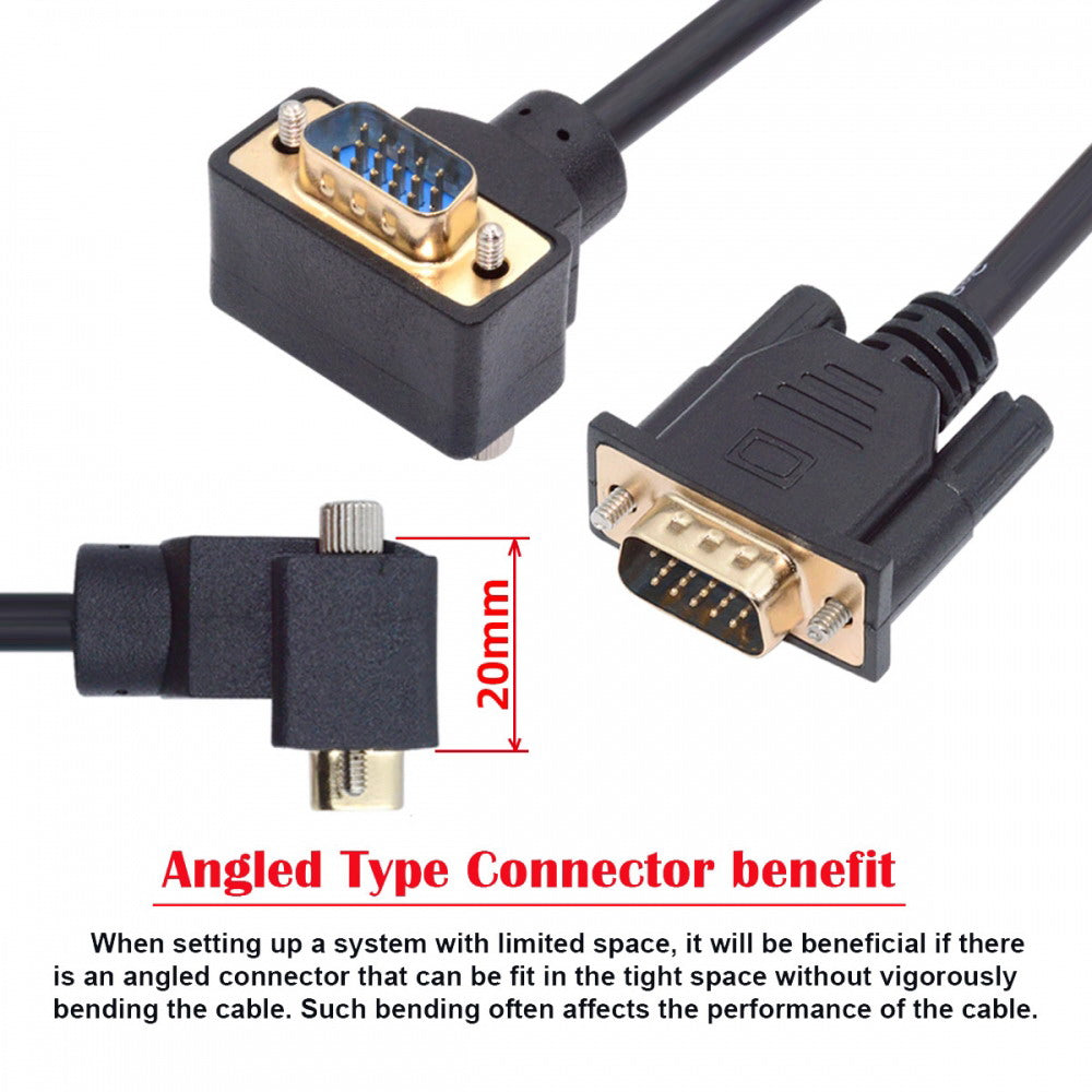 Chenyang 90 Degree Down Angled VGA RGB Male to Straight Male Extension Cable 3COAX+6C for Monitor Projector Computer DB-007-DN