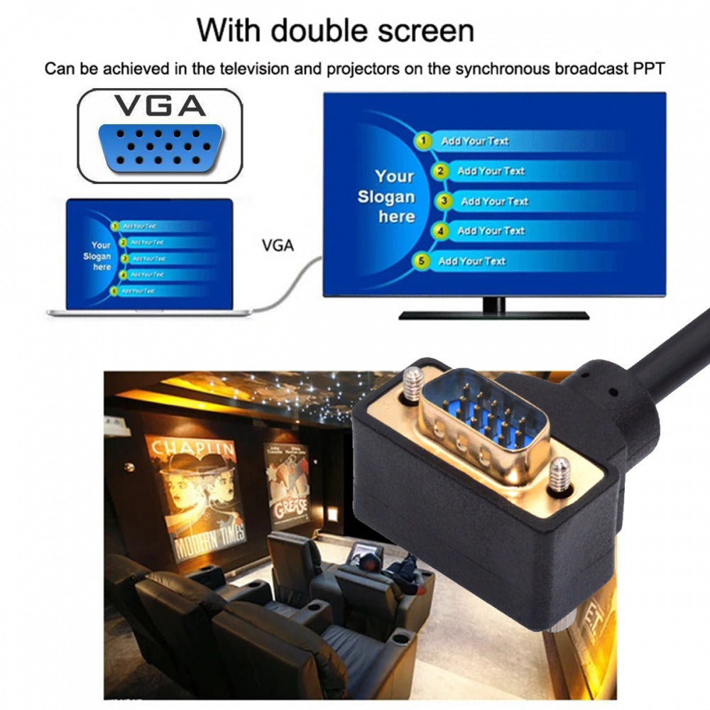 Chenyang 90 Degree Down Angled VGA RGB Male to Straight Male Extension Cable 3COAX+6C for Monitor Projector Computer DB-007-DN