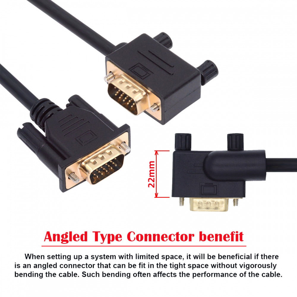 Chenyang 90 Degree Left Angled VGA RGB Male to Straight Male Extension Cable 3COAX+6C for Monitor Projector Computer DB-007-LE