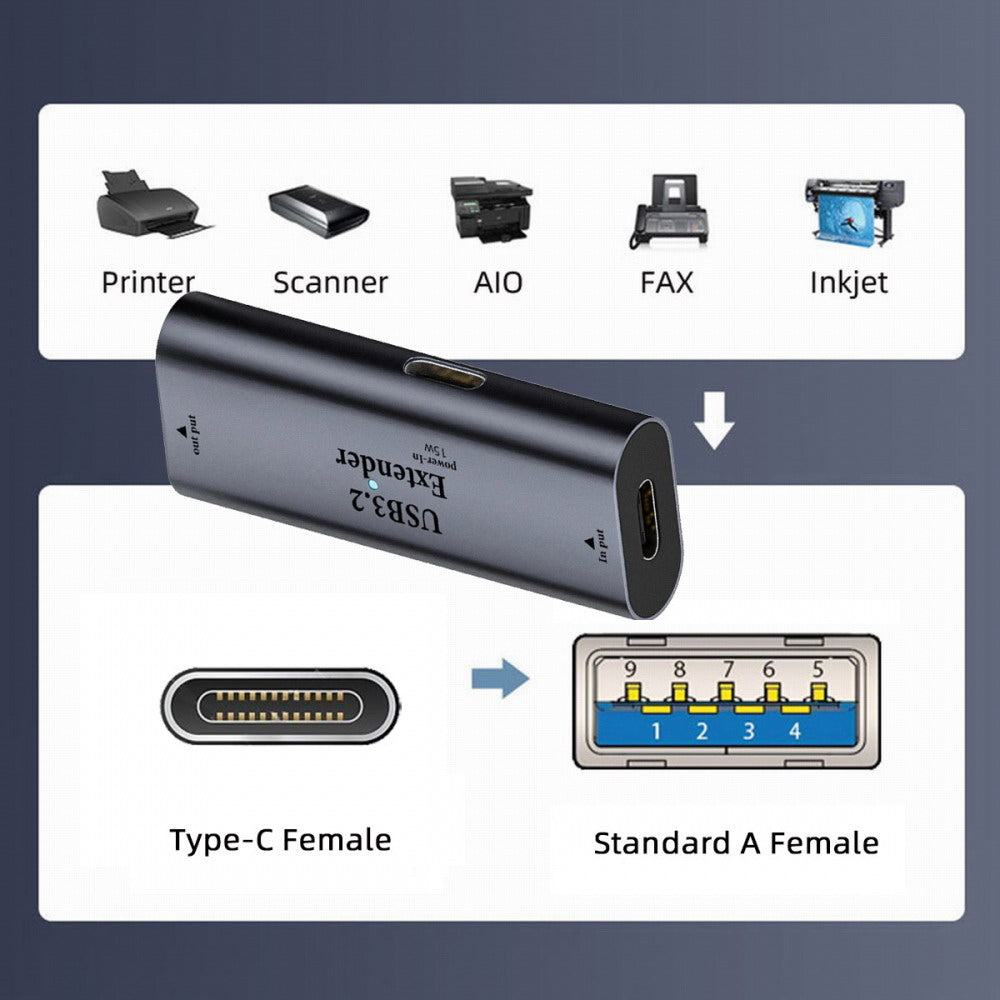 Chenyang USB 3.0 Active Repeater Adapter Type-C Female Host to Type-A Female Device Extender with Chipset for Camera Printer Computer U3-010-CFAF