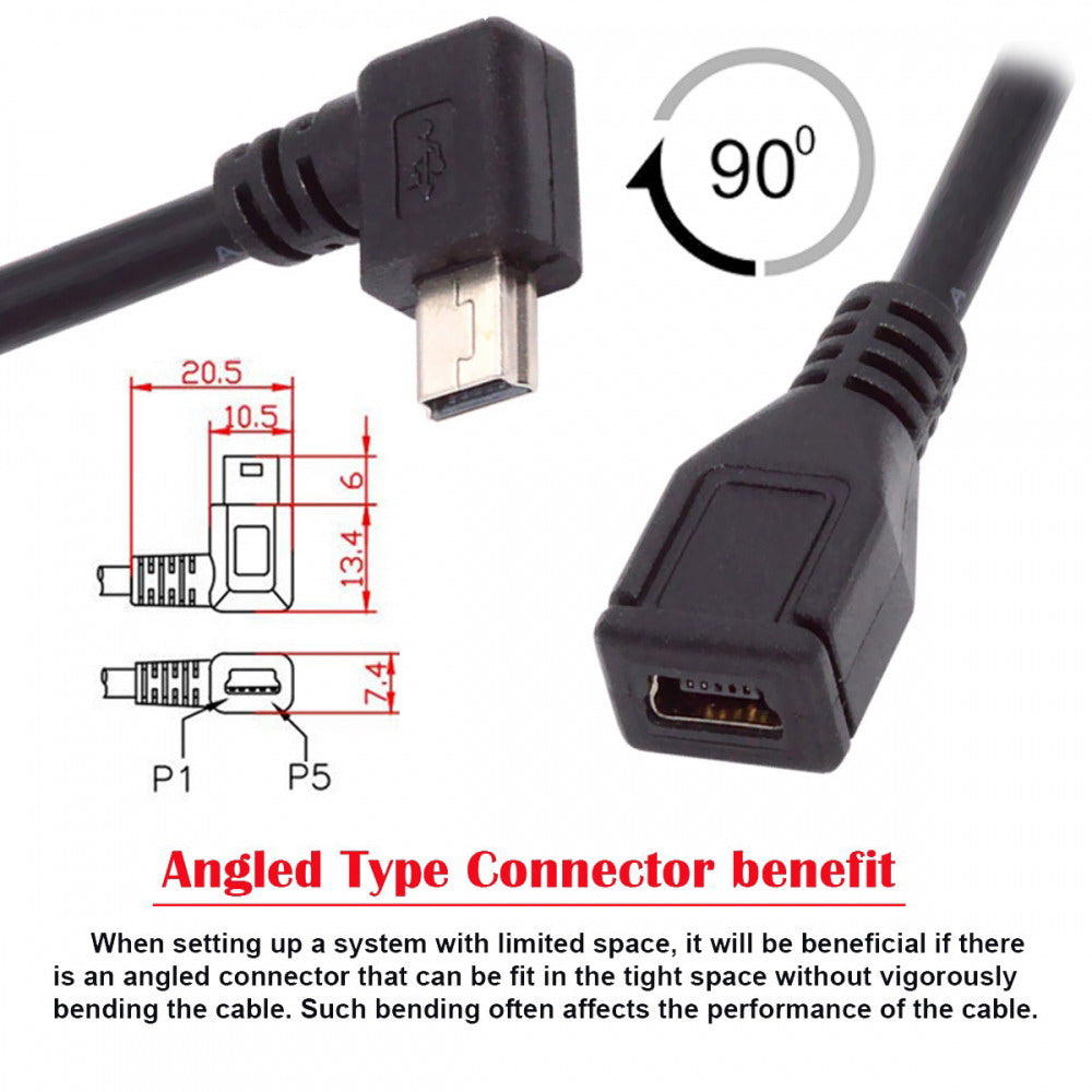 Chenyang 90 Degree Left Angled Mini USB 5Pin Male to Female Extension Cable 30cm for GPS Camera U2-049-LE