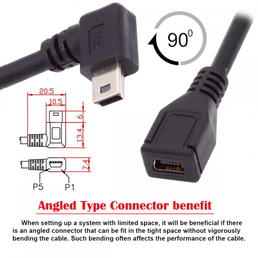 Chenyang 90 Degree Right Angled Mini USB 5Pin Male to Female Extension Cable 30cm for GPS Camera U2-049-RI