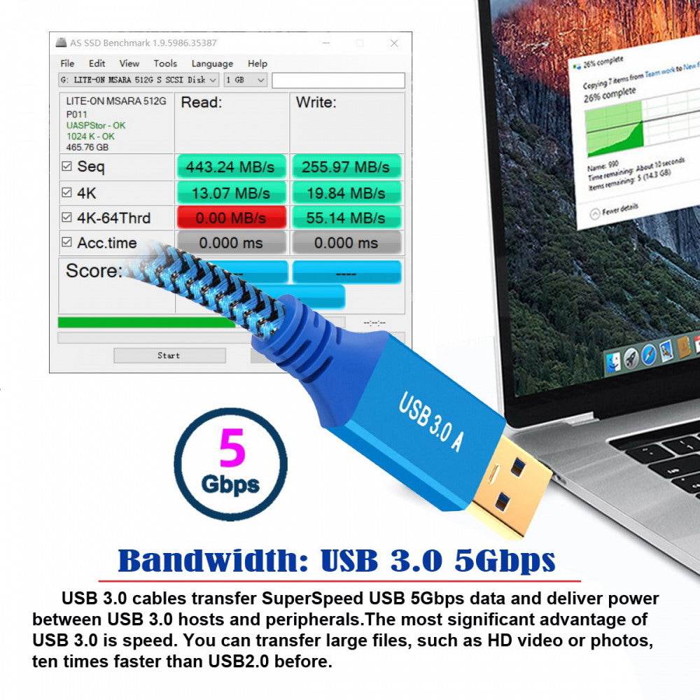 Chenyang USB 3.0 Type-A Male to USB3.0 A Male Cable Extension Blue Sleeve 5Gbps for Disk SSD Camera Data U3-085-AM