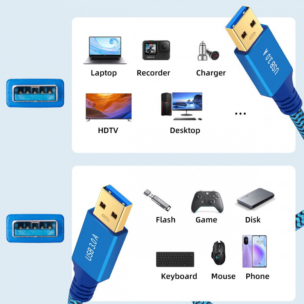 Chenyang USB 3.0 Type-A Male to USB3.0 A Male Cable Extension Blue Sleeve 5Gbps for Disk SSD Camera Data U3-085-AM