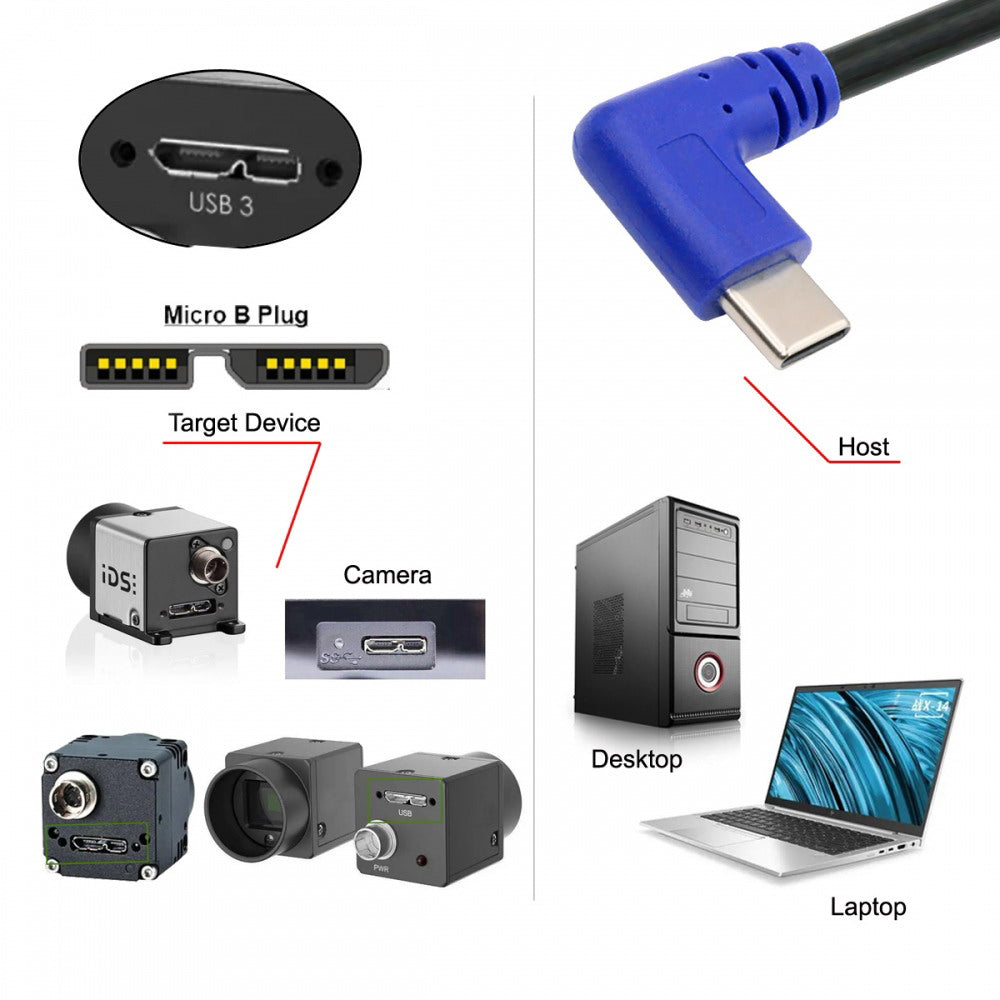 Chenyang Angled USB-C Type-C Host to Micro USB3.0 90 Degree Right Angled for Industrial Camera Storage Phone UC-166