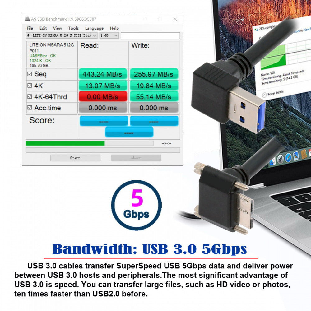 Chenyang Down Angled 90 Degree USB 3.0 A Male to Micro-B 3.0 Plug Down Angled Locking Screw Panel Cable 25cm U3-078-DN