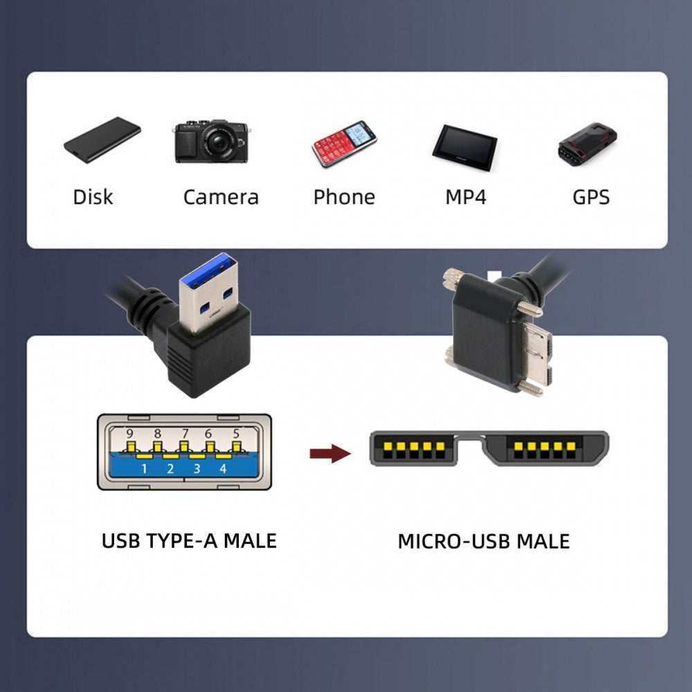 Chenyang Down Angled 90 Degree USB 3.0 A Male to Micro-B 3.0 Plug Down Angled Locking Screw Panel Cable 25cm U3-078-DN