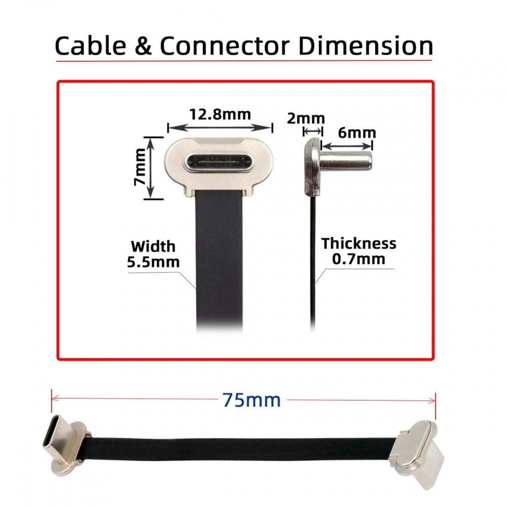 Chenyang Angled USB-C Type C to USB-C Ultra Slim Flat Power USB2.0 Data Cable 65W Fast Charge for Laptop Tablet Phone UC-170-0.07M