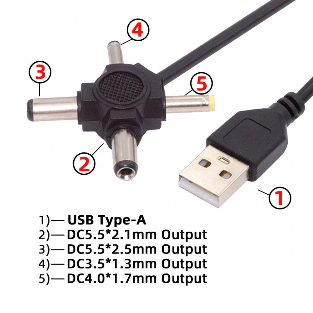 Chenyang USB 2.0 Type-A Male to 4-in-1 DC 5V 5.5x2.5mm 5.5x2.1mm 4.0x1.7mm 3.5x1.3mm Power Plug Barrel Connector Charge Cable PW-010-AM