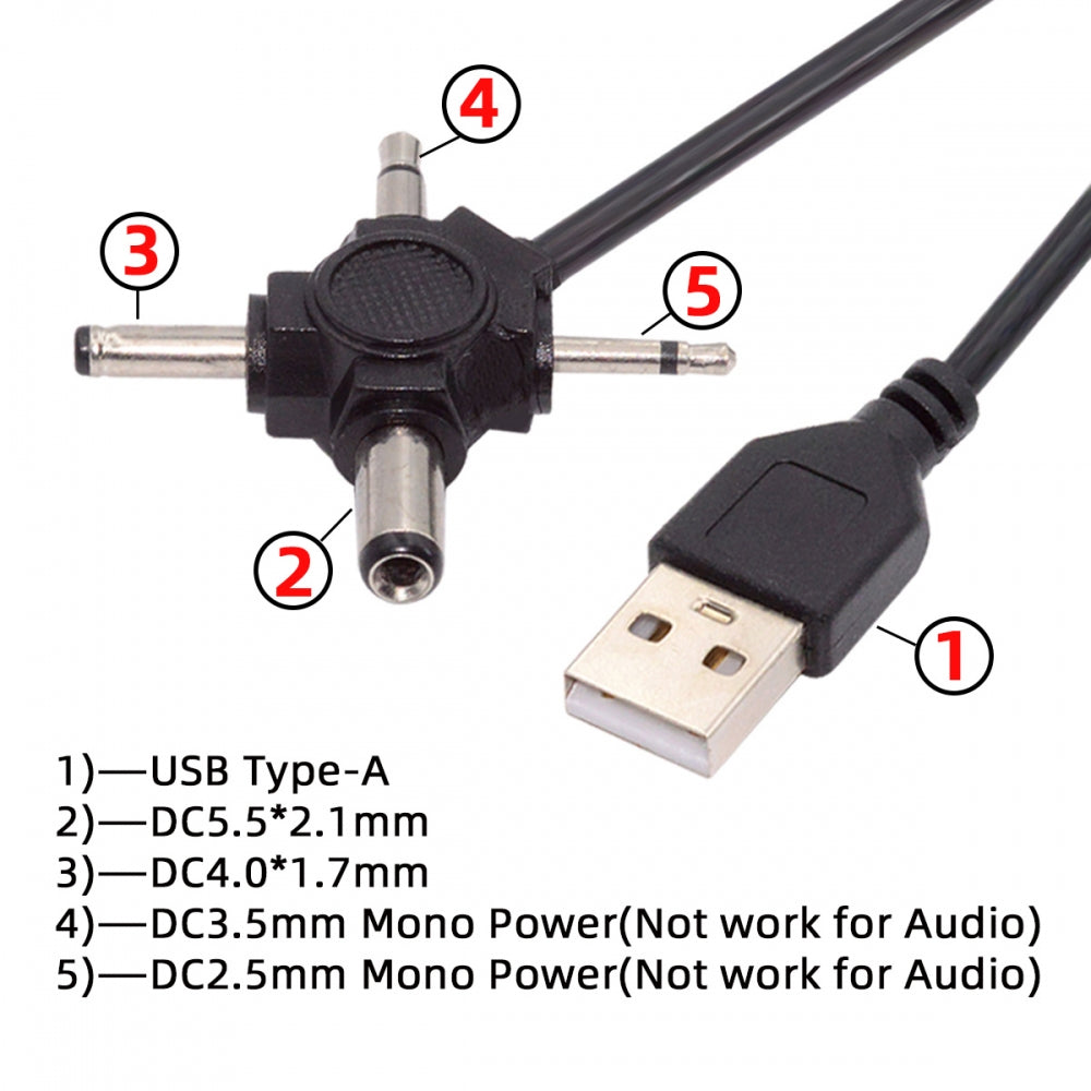 Chenyang USB 2.0 Type-A Male to 4-in-1 DC 5V 5.5x2.1mm 4.0x1.7mm Mono 3.5mm 2.5mm Power Plug Barrel Connector Charge Cable PW-010-MO