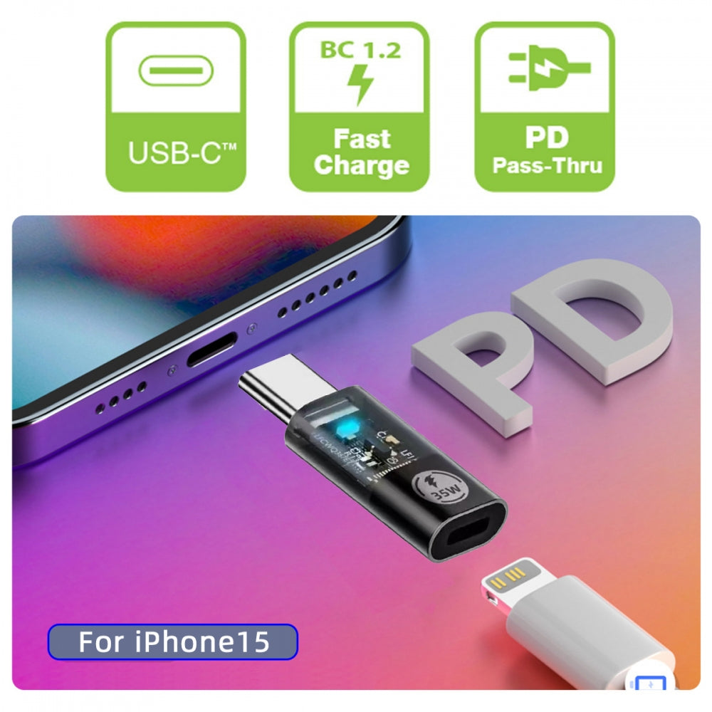 Chenyang Transparent LED USB-C Type C Male to 8P Female 35W Power 480Mbps Data Adapter Compatible with iPhone15 & Android & Tablet U2-058-LT022