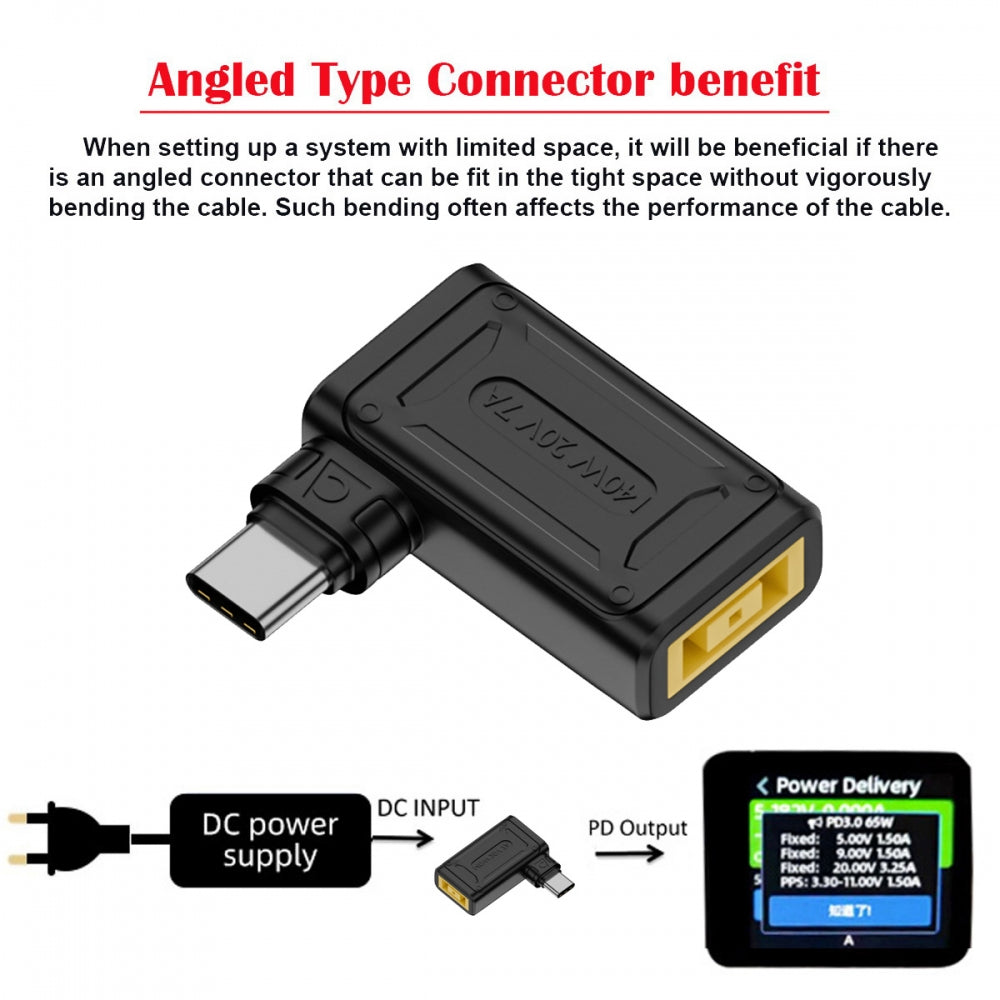 Chenyang 140W 100W Rectangle Jack Thinkpad X1 Input to USB-C Type-C Angled 90 Degree Power Plug Charge Adapter for Laptop Phone UC-066-1145MM