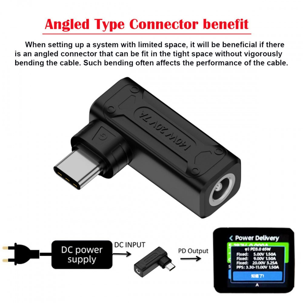 Chenyang 140W 100W DC Jack 5.5x2.1mm Input to USB-C Type-C Angled 90 Degree Power Plug Charge Adapter for Laptop Phone UC-066-5521MM