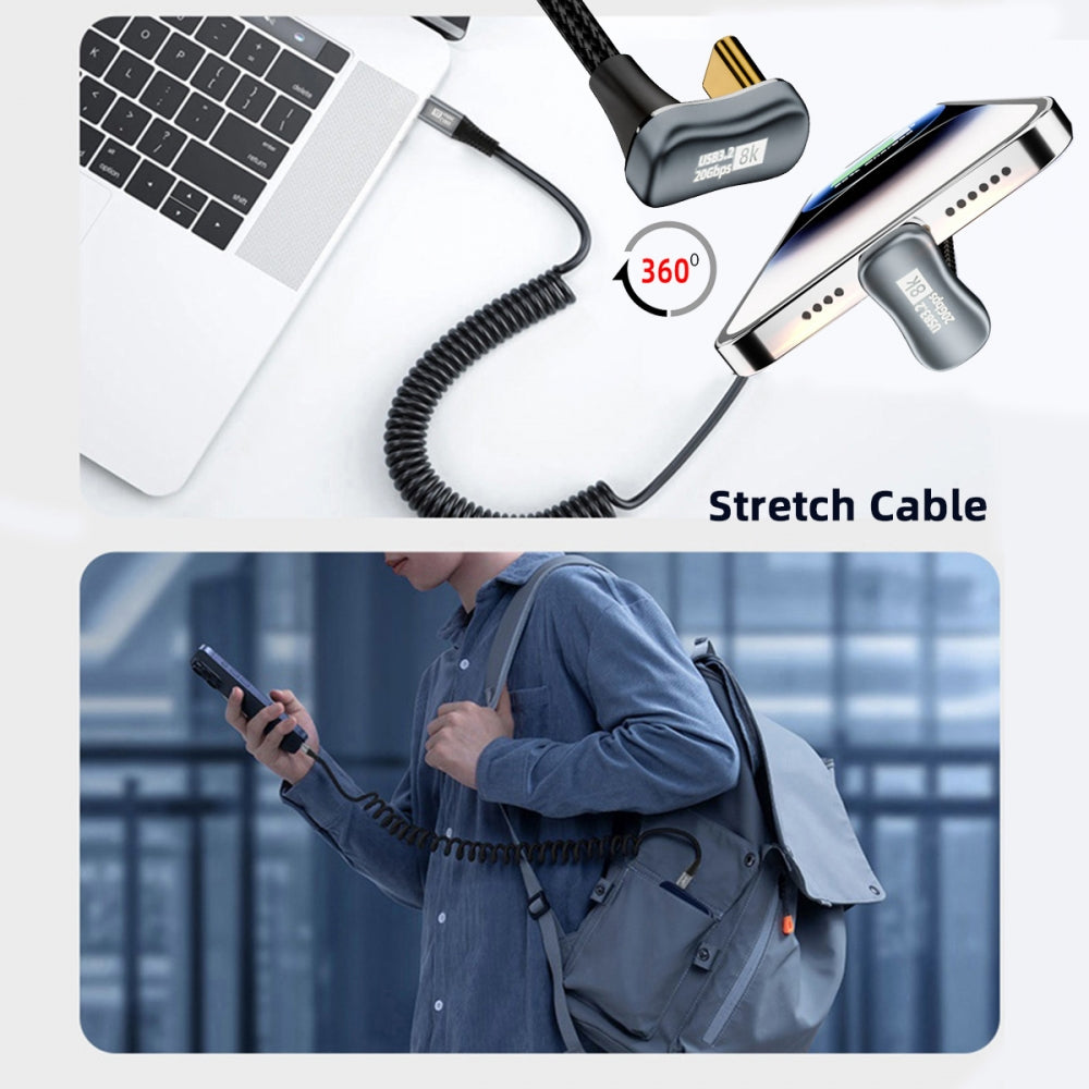 Chenyang Stretch Coiled USB-C USB4 Cable 20Gbps 100W 8K Type-C Opposite Back Angled Male to Male Cable Power & Data for Laptop Keyboard Tablet UC-164-OS-1.8M