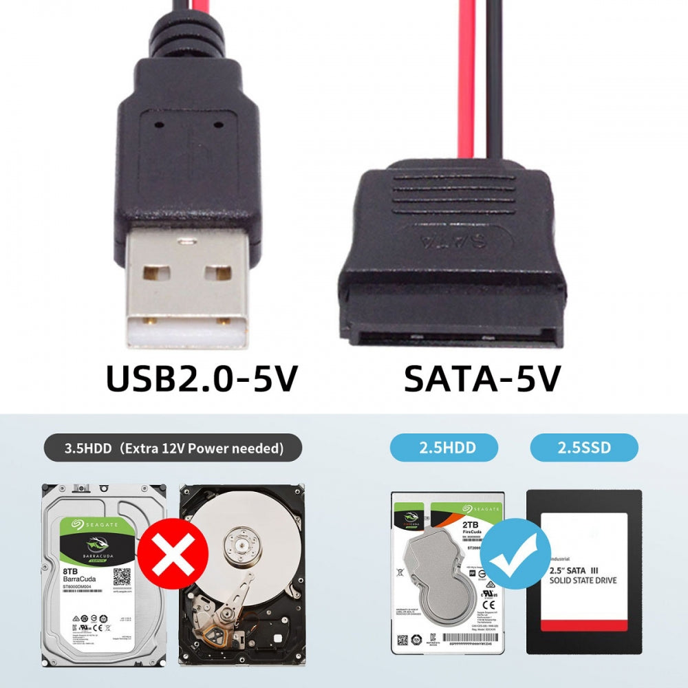 Chenyang DC 5V Single USB to SATA 15Pin Power Cable for 2.5 inch SATA HDD SSD Disk Driver 5V 2A Max U2-070-1P