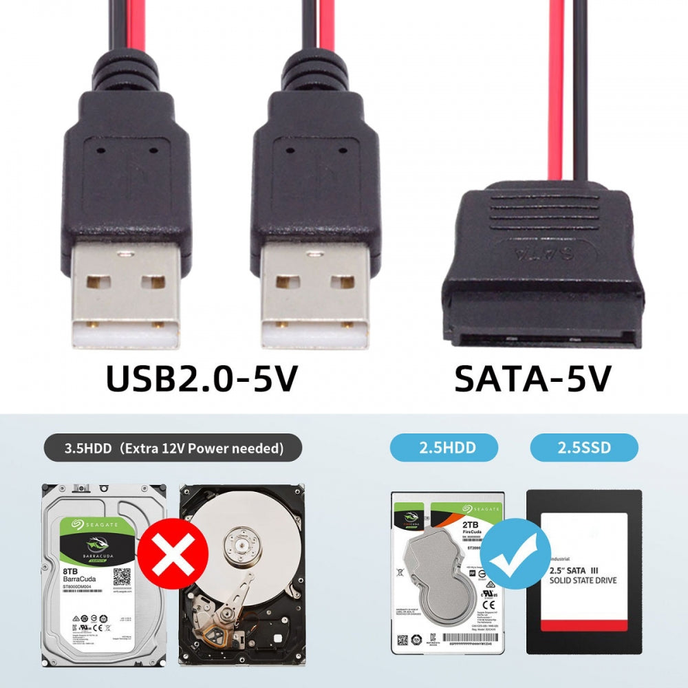 Chenyang DC 5V Dual USB to SATA 15Pin Power Cable for 2.5 inch SATA HDD SSD Disk Driver 5V 2A Max U2-070-2P