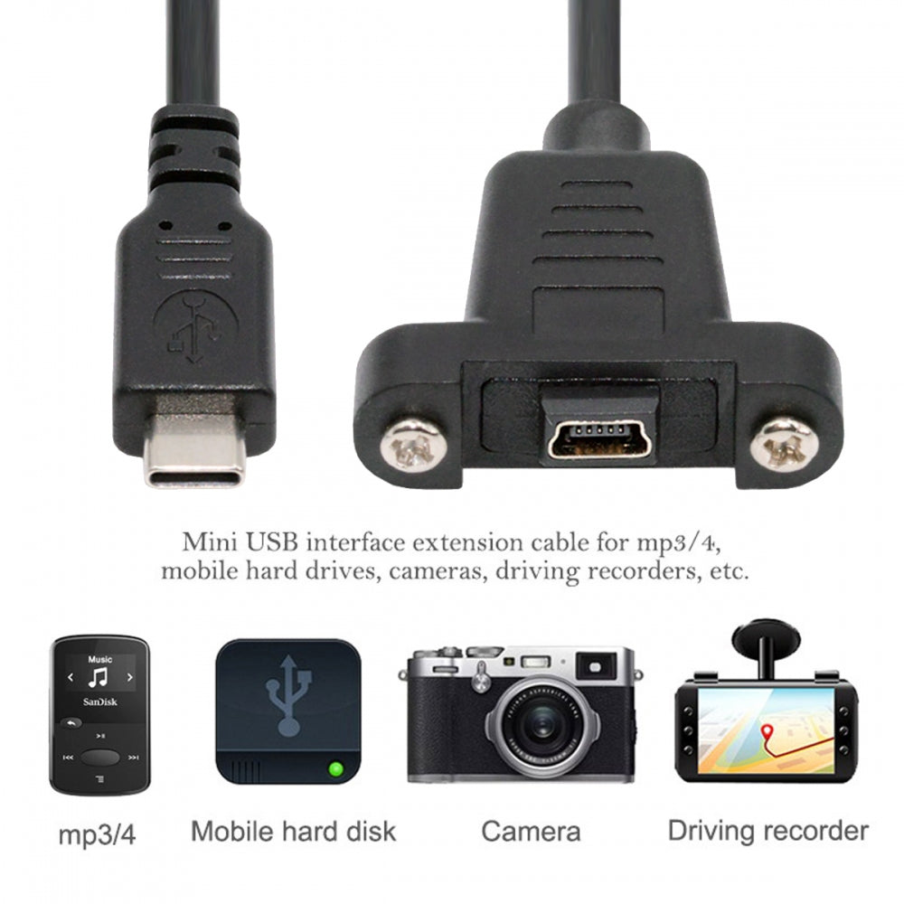 Chenyang USB2.0 Mini 5Pin Female to Type-C USB-C Male Power Cable 480Mbps Data with Panel Mount Holes 30cm U2-050-TC