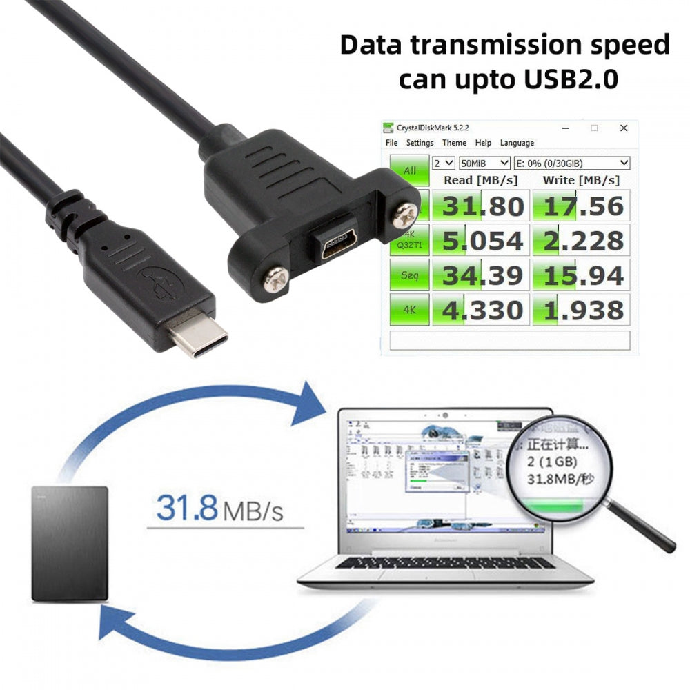 Chenyang USB2.0 Mini 5Pin Female to Type-C USB-C Male Power Cable 480Mbps Data with Panel Mount Holes 30cm U2-050-TC