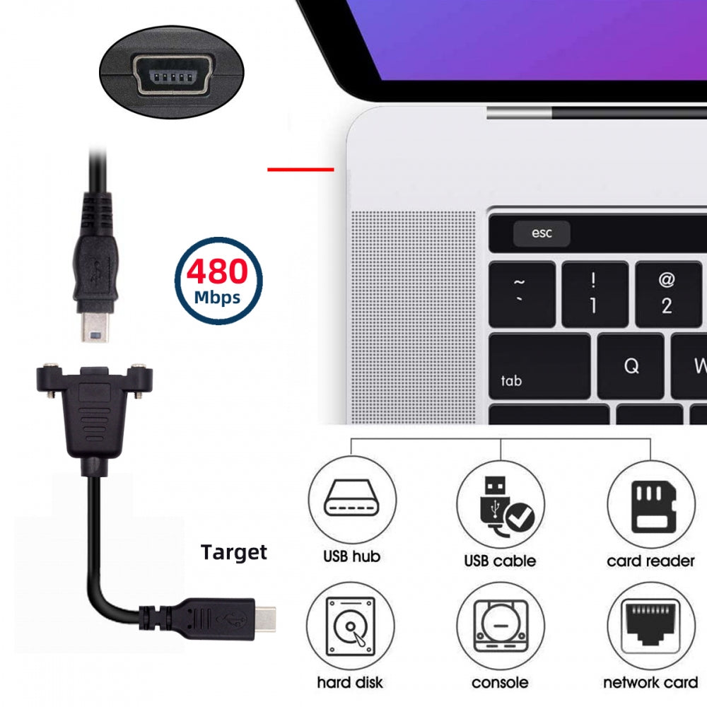 Chenyang USB2.0 Mini 5Pin Female to Type-C USB-C Male Power Cable 480Mbps Data with Panel Mount Holes 30cm U2-050-TC