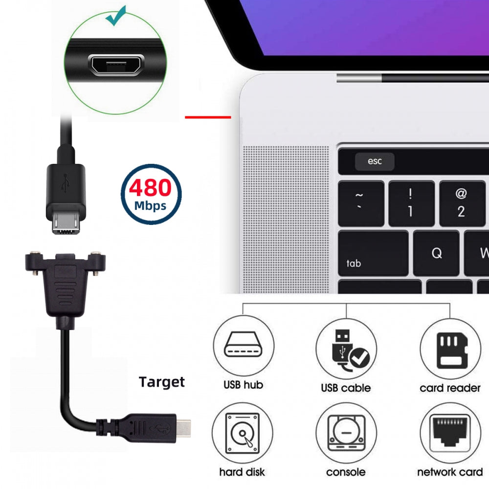 Chenyang USB2.0 Micro 5Pin Female to Type-C USB-C Male Power Cable 480Mbps Data with Panel Mount Holes 50cm U2-097-TC