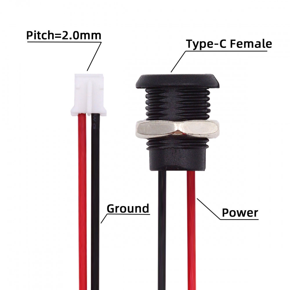 Chenyang 5pcs/set DIY OEM Type C Female Socket to 2Pin Header Cable Pitch=2.0mm Panel Mount Type DC 5V Power CN-015-2P