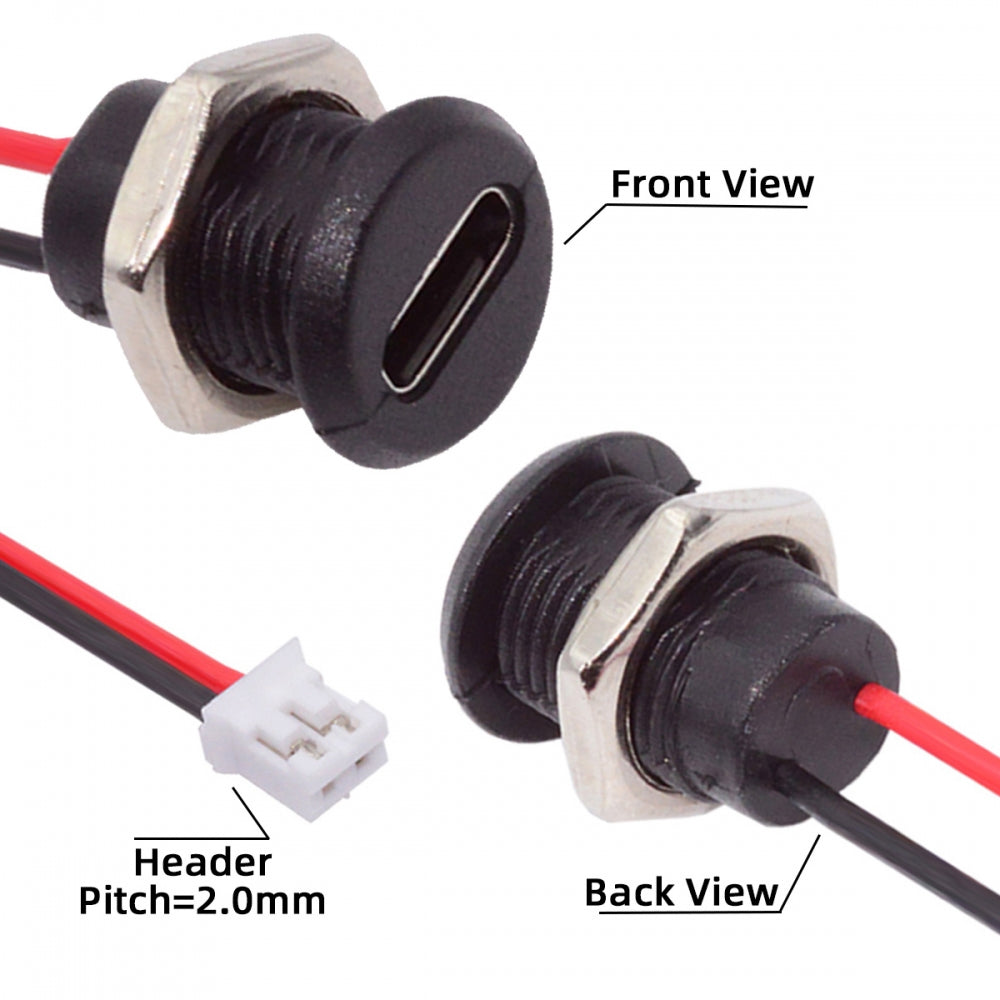 Chenyang 5pcs/set DIY OEM Type C Female Socket to 2Pin Header Cable Pitch=2.0mm Panel Mount Type DC 5V Power CN-015-2P