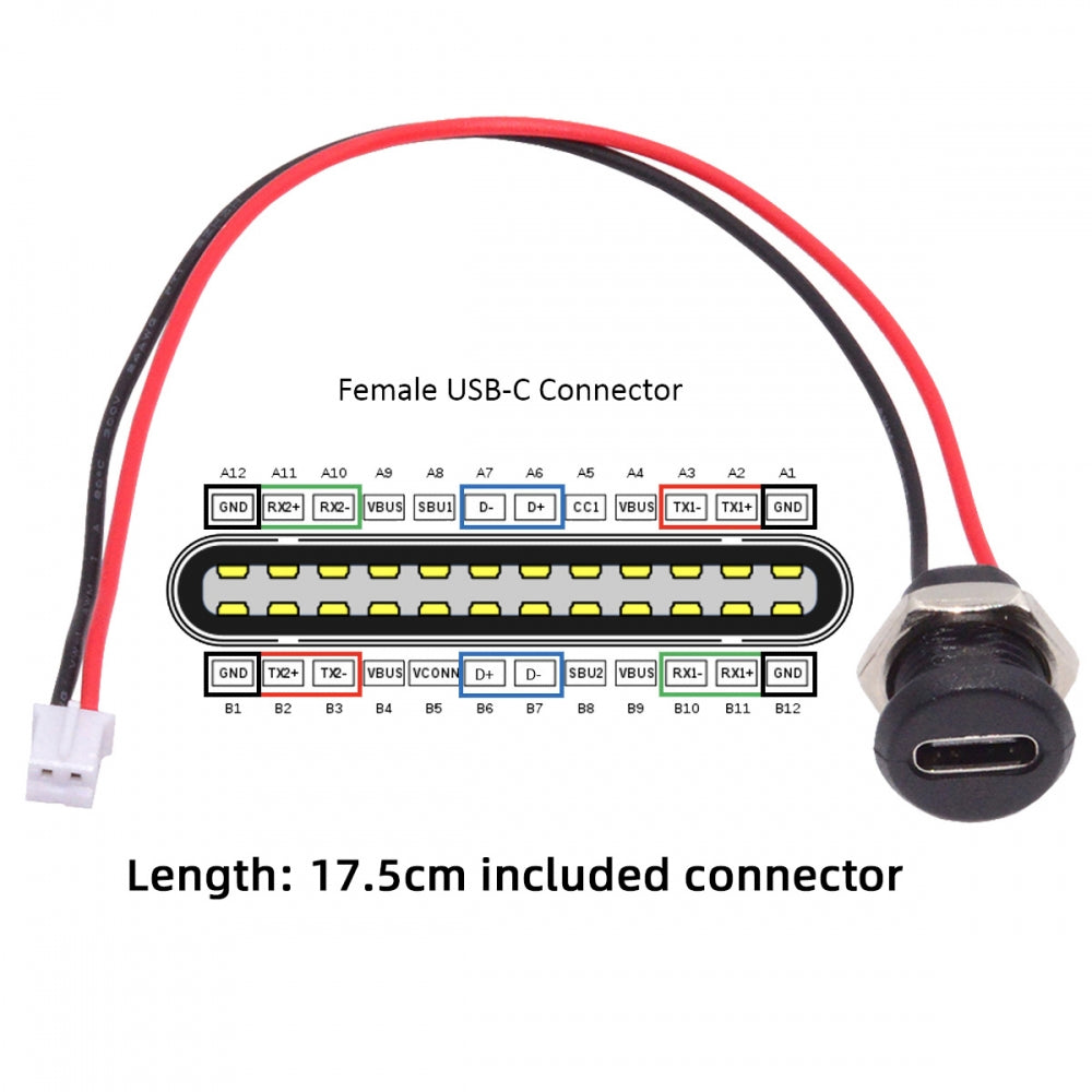 Chenyang 5pcs/set DIY OEM Type C Female Socket to 2Pin Header Cable Pitch=2.0mm Panel Mount Type DC 5V Power CN-015-2P